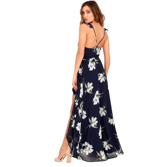 Luluโs All Mine Navy Blue Floral Print High-Low Wrap Dress Size XS - Picture 5 of 17